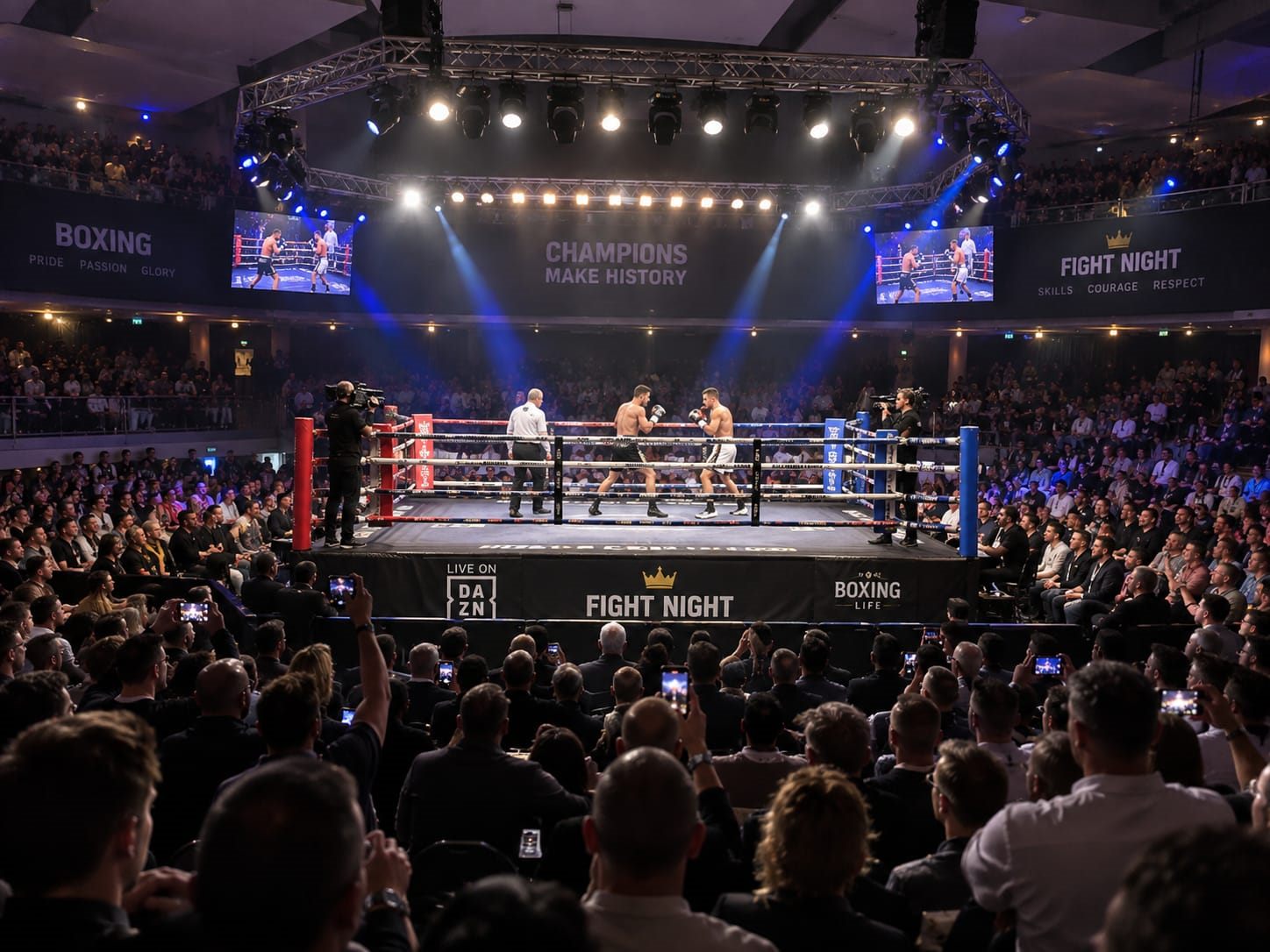 Packed arena watching a live boxing match under a full lighting rig